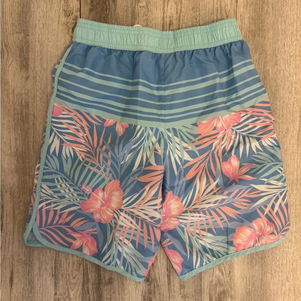 Tommy Bahama Blue and Pink Swim Trunks with Tropical Design